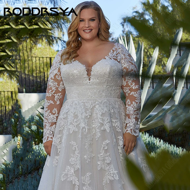 Roddrsya Elegante Trouwjurken Voor Vrouw Plus Size Lange Mouwen Applique Bruid Jurken A-Lijn V-Hals Tule Vestidos De Novia