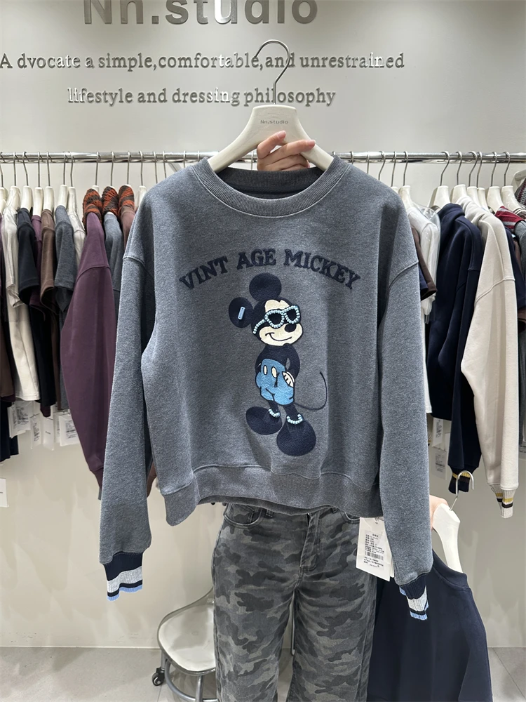 2025 Autumn Winter New Women's Short Loose Jacket Hoodies Heavy Embroidery Glasses Cartoon Pullover Crew Neck Sweatshirt Coat