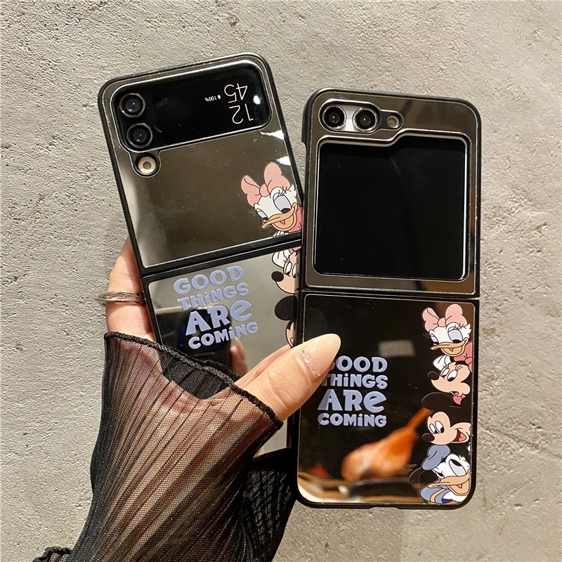 Anime Korean Style Disney Mirror Surface Mickey Mouse Snow White For Samsung Galaxy Z Flip Fold 3 4 5 Cover Phone Case Gift