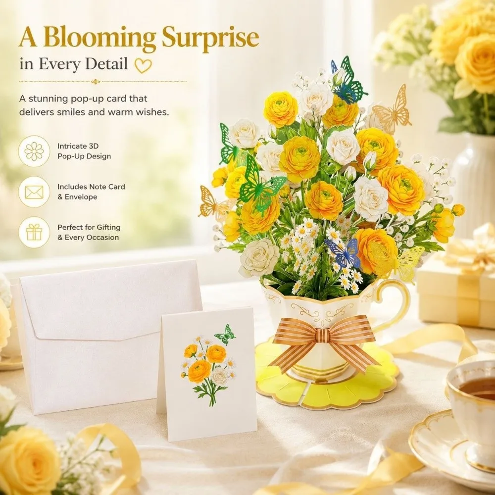 3D Pop Up Teacup Card Birthday Cards with Envelope & Message Note Flower Bouquet Card Surprise Best Wishes