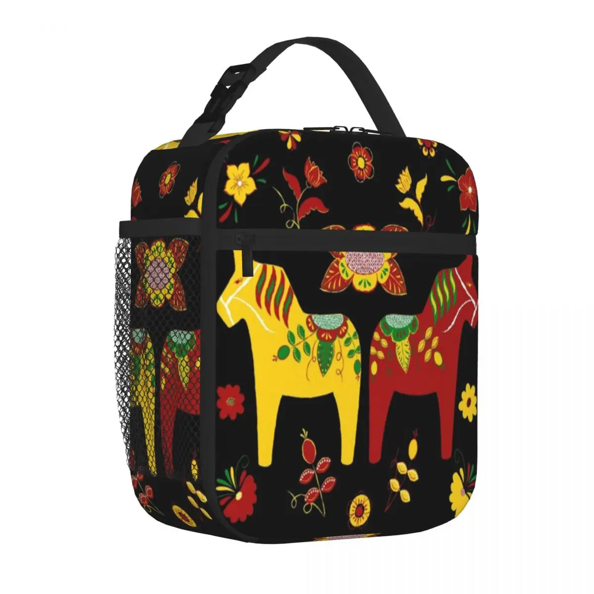 Bestselling Folk Art - Swedish Dala Horses - Red Yellow Green Retro Bento Bag Teen School Thermal Lunch Bag