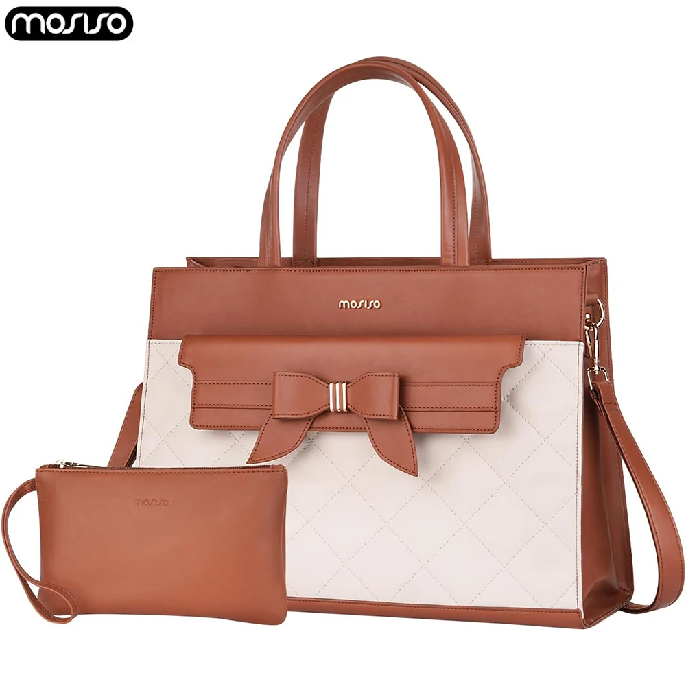 Laptop Tote Bag for Women 15.6 Inch PU Leather Computer Bag Waterproof Office Business Handbag Shoulder Bag with Clutch Purse