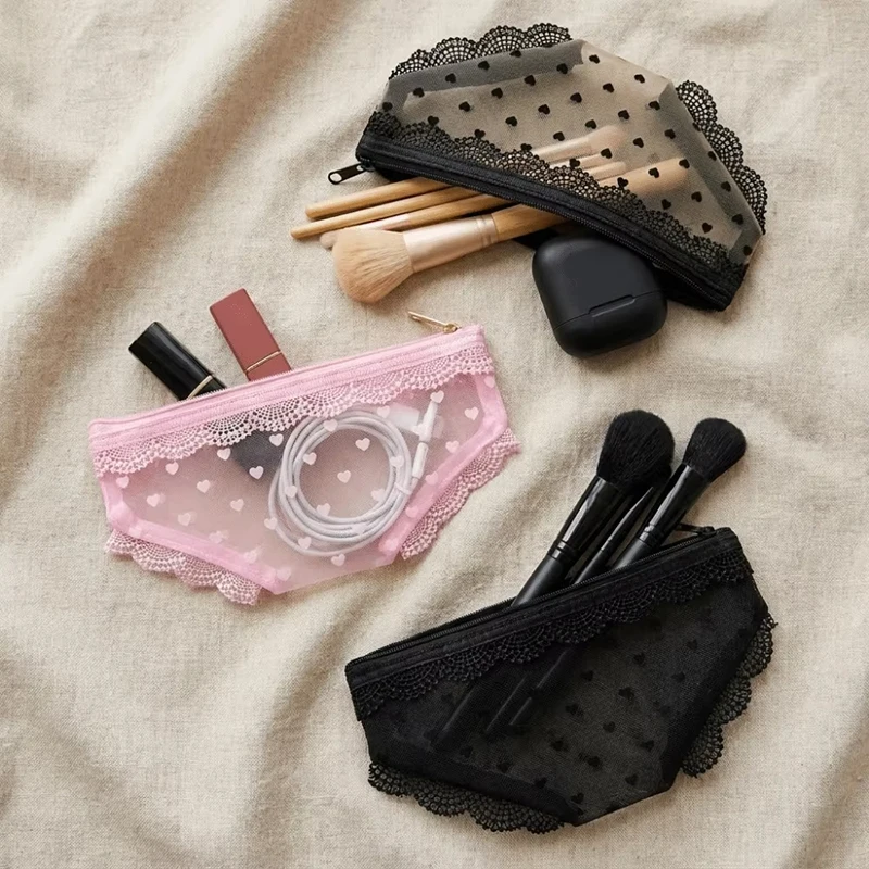 Triangular Mesh Lace Makeup Bag Portable Transparent Cosmetic Storage Bag For Travel Women Creative Handbag Mini Coin Purse