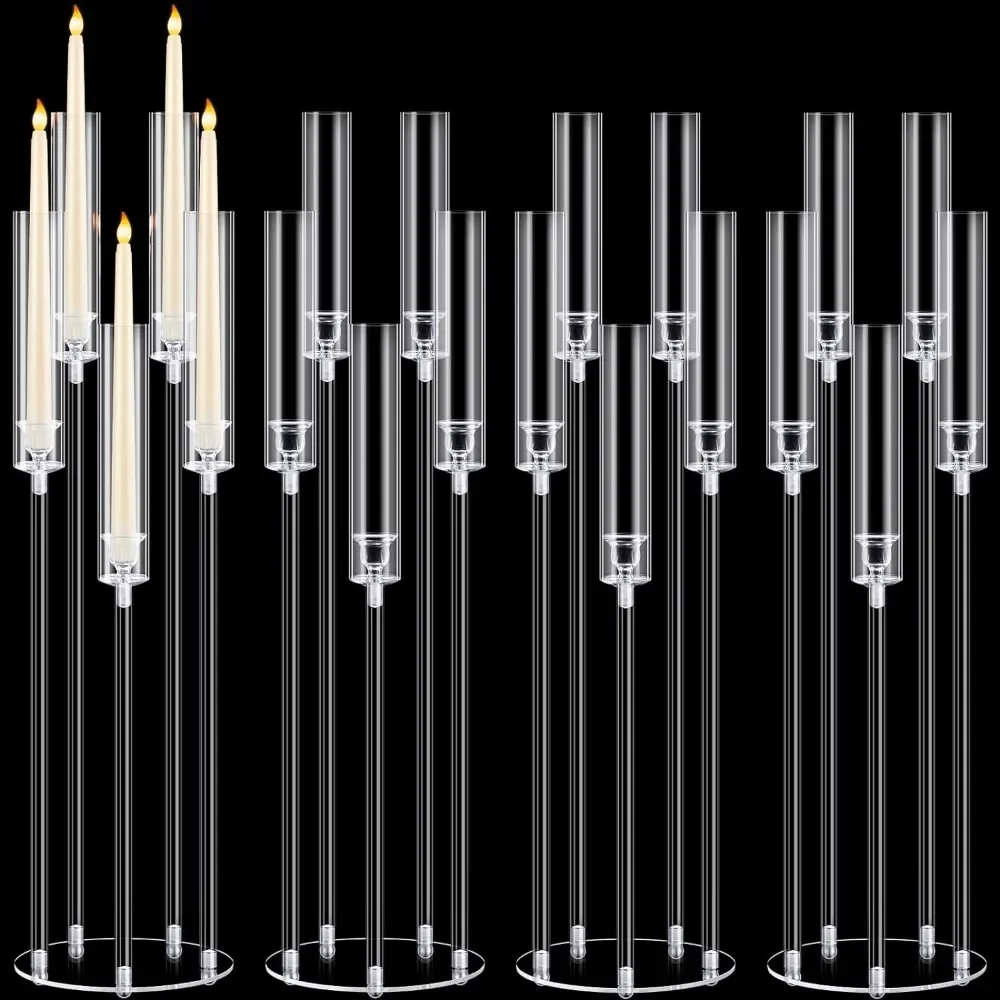 

4 Pcs Acrylic Candelabra Centerpieces Clear Candle Taper Candlestick Holder 5 Arm Candlesticks Holder 0.87" LED Candle(Clear)