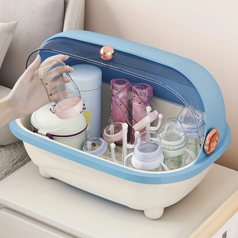 Baby Feeding Bottle Storage Box With Lid Transparent Countertop Organizer Detachable Drain Rack For Bottles Nipples Utensils