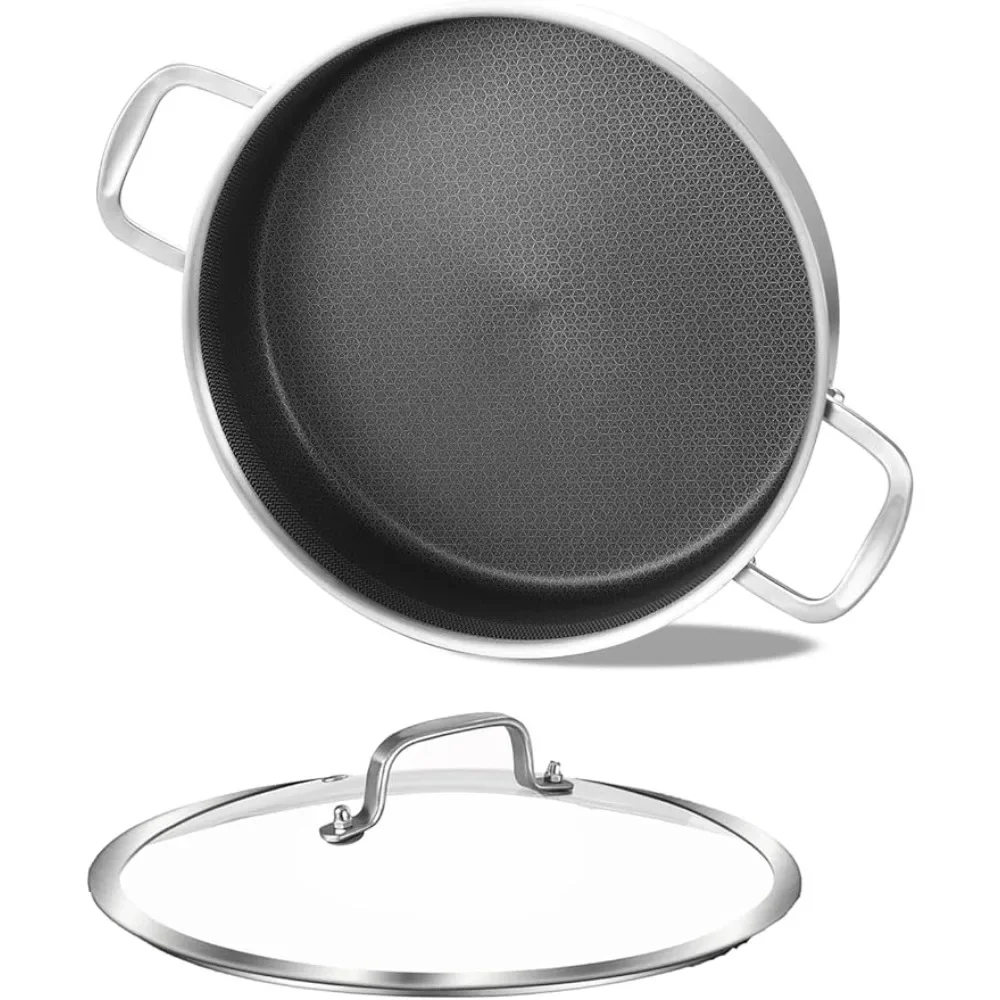 Tri-Ply Stainless Steel Non-stick Saute Pan wih Lid,Small Skillet,Jumbo Cooker,Induction Pan,Dishwasher and Oven Safe.