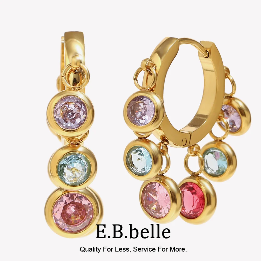 E.B.belle Cute Style Tassel Colorful Crystal Diamond Hoop Earring Stainless Steel Creative Personalized Women's Jewelry