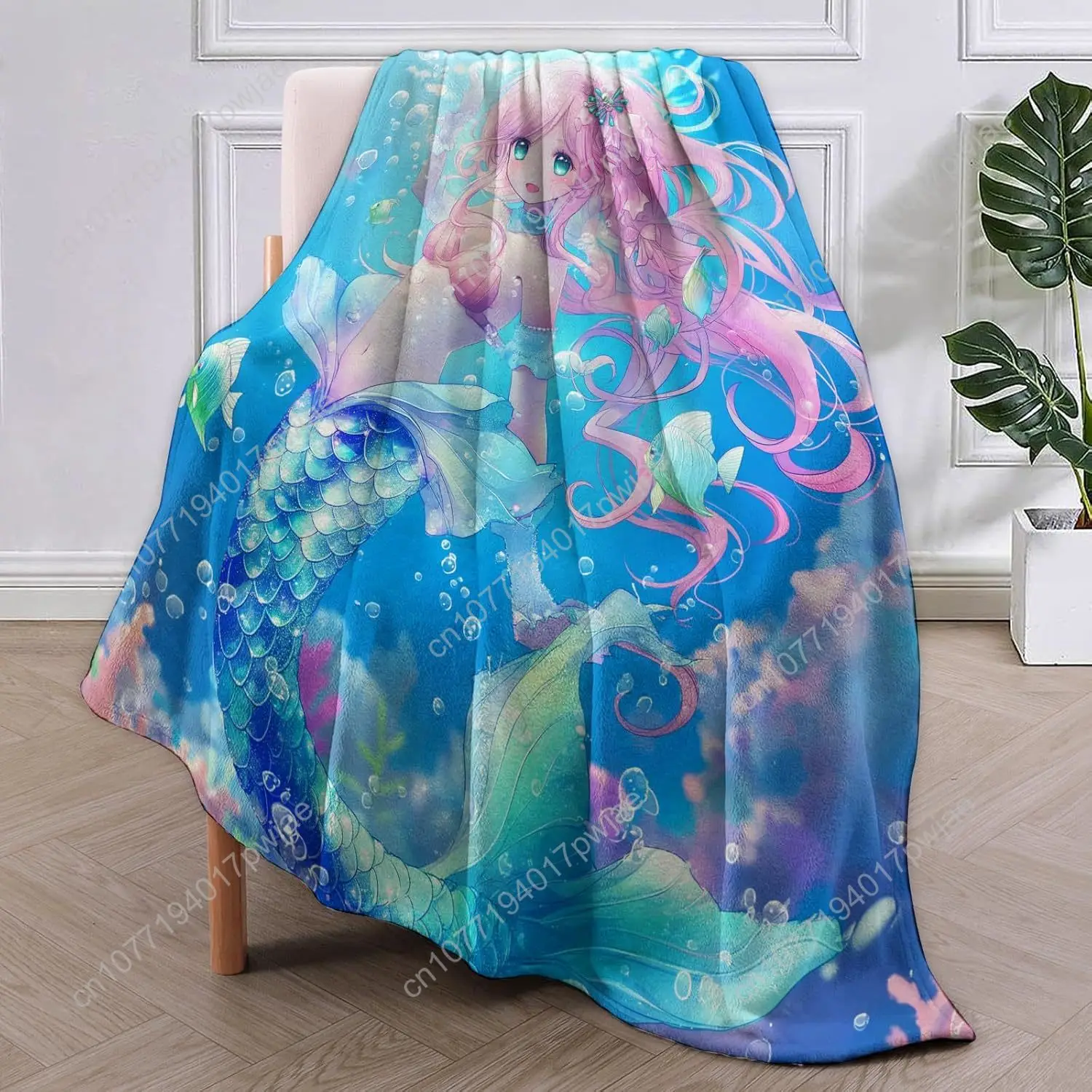Cute Mermaid Blanket Cartoon Flannel Throw Blankets Soft Warm Lightweight Cozy Plush Mermaid Throws for Bedroom Sofa Home Decor