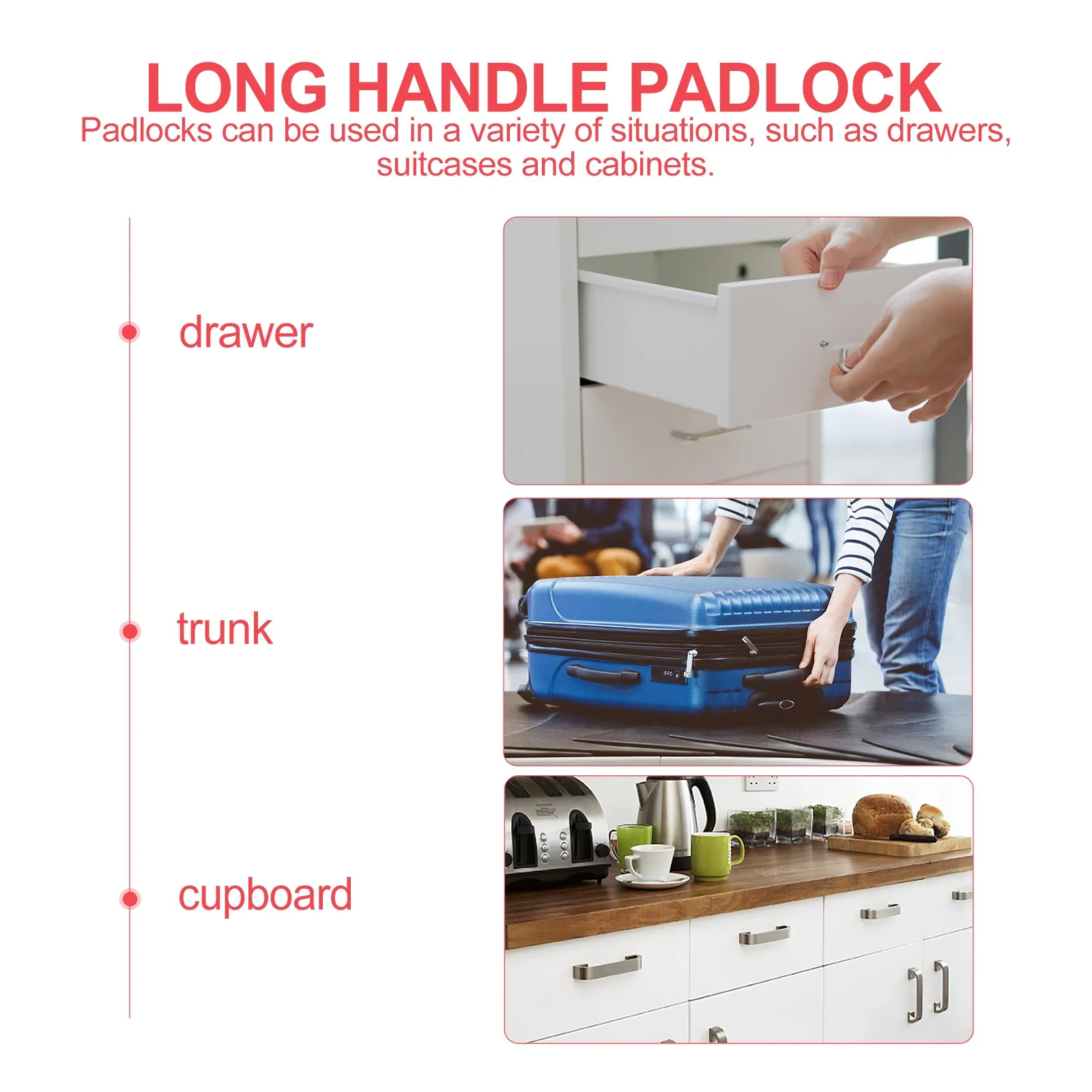 2Pcs Couple Locks Mini Copper ABS Rustproof Padlock White Red for Luggage Suitcase Drawer Cabinet Security Long Handle Padlock