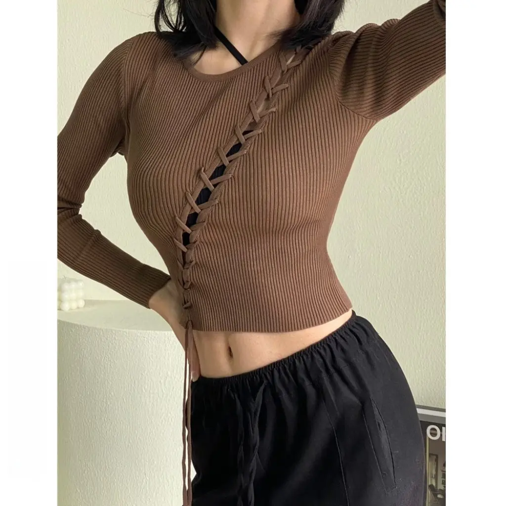 

YPFF Women's round Neck One-Shoulder Hollow Knitted Top Long-Sleeved Slim-Fit Sweater Fashionable Navel-Length Rope Detail