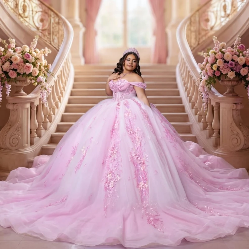 Pink Shiny Quinceanera Dresses Ball Gown Off The Shoulder Applique Lace Beading Tull Party Birthday Sweet 16 Dress vestidos 15