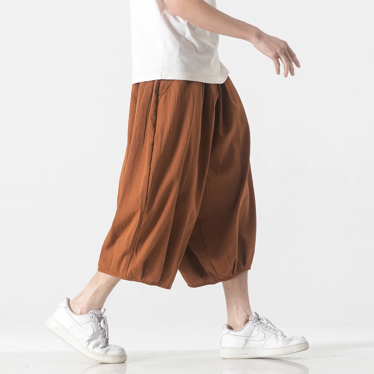 Summer Loose Oversized Cropped Pants Chinese Style Plus Size Black Harem Shorts Men 2022 Harajuku Thin Loose Tai Chi Clothing