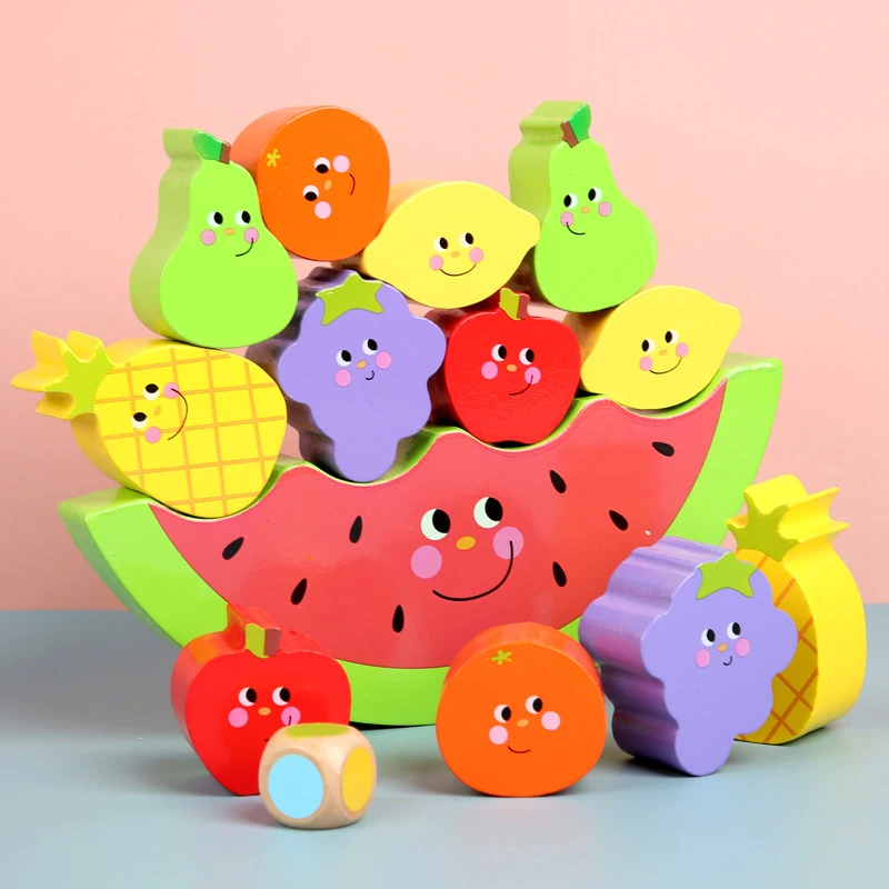 Wooden Fruit Balancing Game Cartoon Learning Education Building Blocks Wood Balance Montessori Blocks Gift Toys For Children