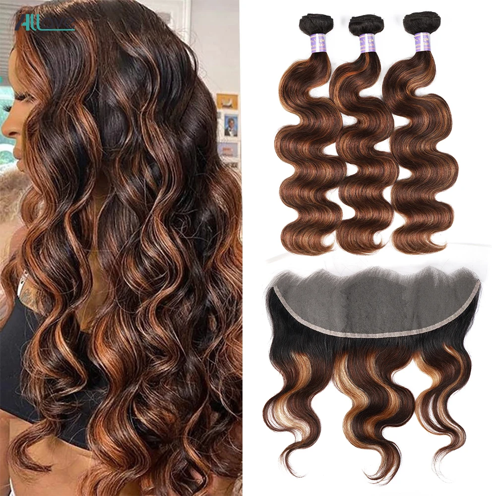 Allove 1B 4 30 Bundles With Frontal Ombre Highlight Body Wave With 13x4 Transparent Lace Frontal Brazilian Virgin Human Hair