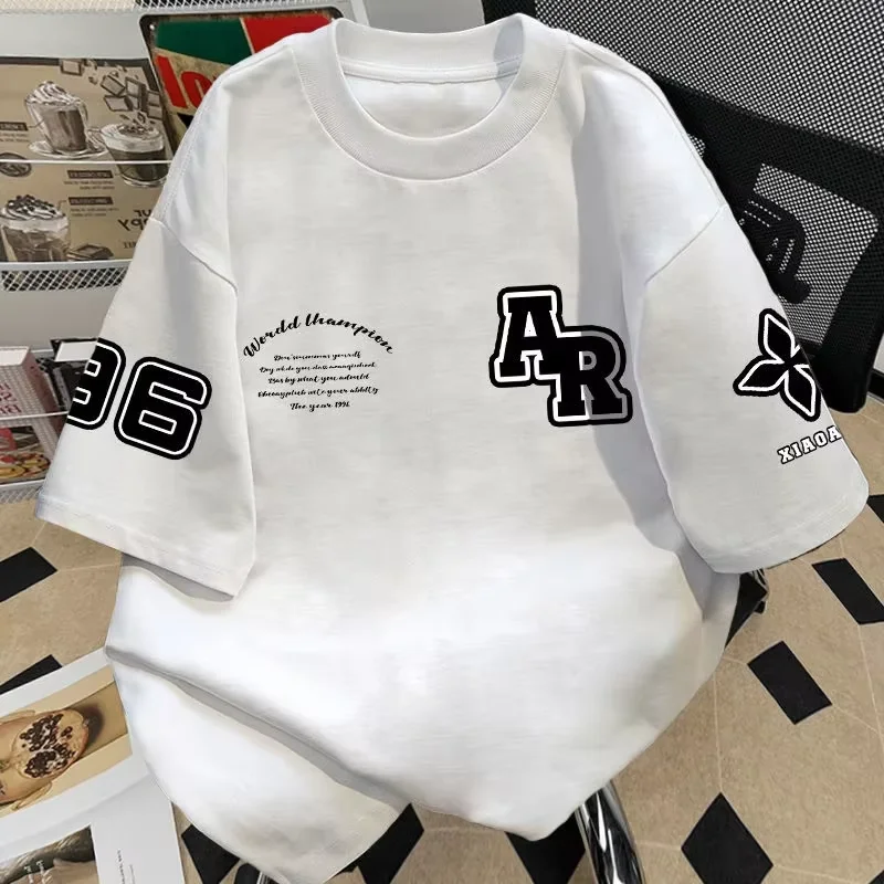

AR Letter Black Red Oversized Graphic T-Shirt Men Short Sleeve Tee 2025 Summer New Heavy 100% Pure Cotton Men's Clothing Tshirt