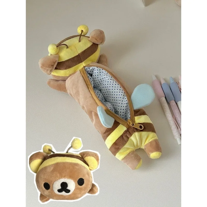 Kawaii Rilakkuma Bee Plush Pencil Case For Kids Girls Cartoon Bear Cute Pencil Pouch Organizer Pen Bag School Stationeries Gifts