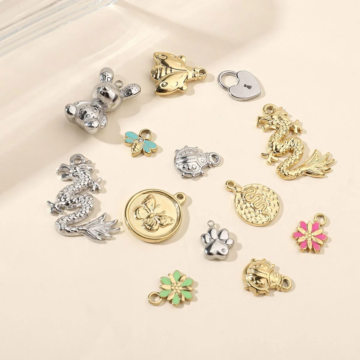 3pcs/Lot Mirror Polish Rabbit Cat Paw Flower Charms Steel Ladybug Dragon Bee DIY Pendant For Women Jewelry Making Finding