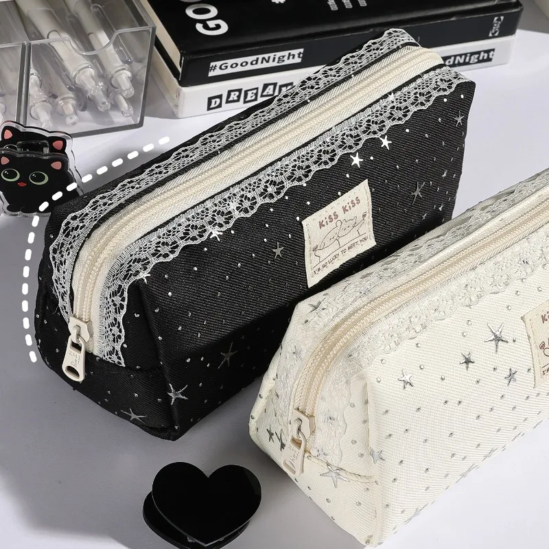Fashion Large Capacity Star Lace Pencil Case for Kids Girl Ins Korean Style Simplicity Cute Student Handheld Stationery Bag