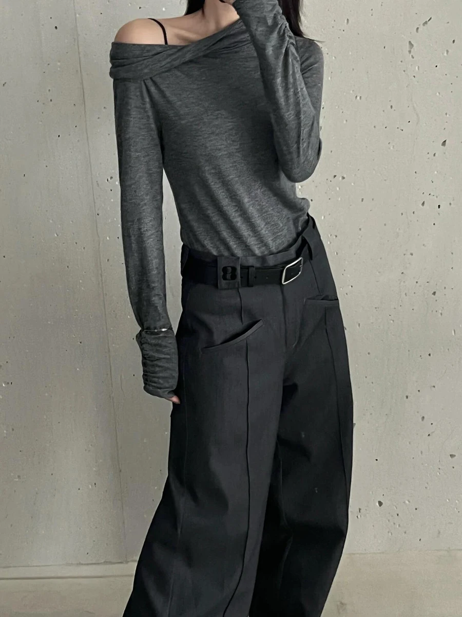 PBAP خمر جيوب المرقعة دعوى بنطلون المرأة عادي فضفاض مطوي واسعة الساق عالية الخصر ثنيات السراويل مكتب ملابس كاجوال #3