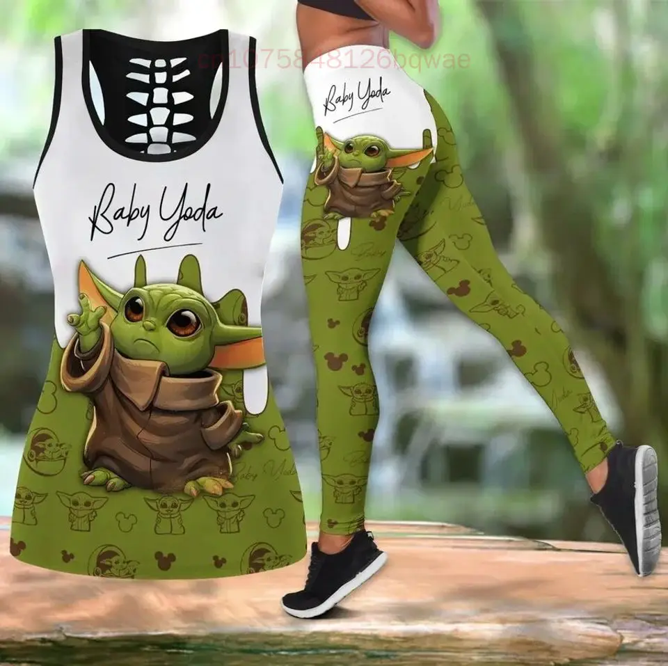 Disney Baby Yoda Women\'s Hollow Vest + Women\'s Leggings Yoga Suit Fitness Leggings Sports Suit Disney Tank Top Legging Set