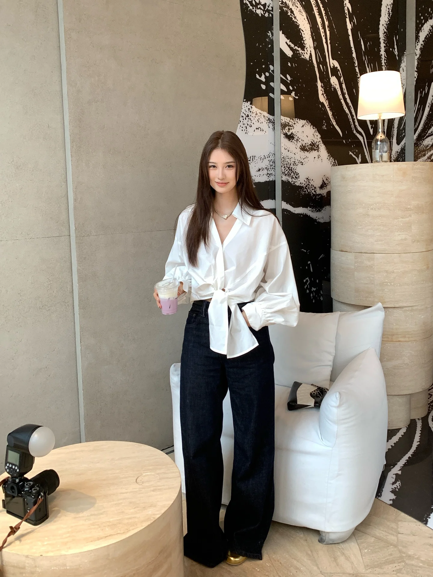 

SSONG Белая шелковая хлопковая блузка для женщин, свободный крой, с рукавами-фонариками, с поясом, длинный рукав, элегантный топ, осенняя модная женская блузка