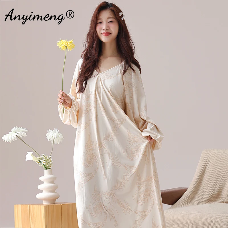 Spring Elegant Women Nightgowns Vintage Court Style Lady Dress Autumn Faux Cotton Nightdress Leisure Gorgeous Long Sleepshirt