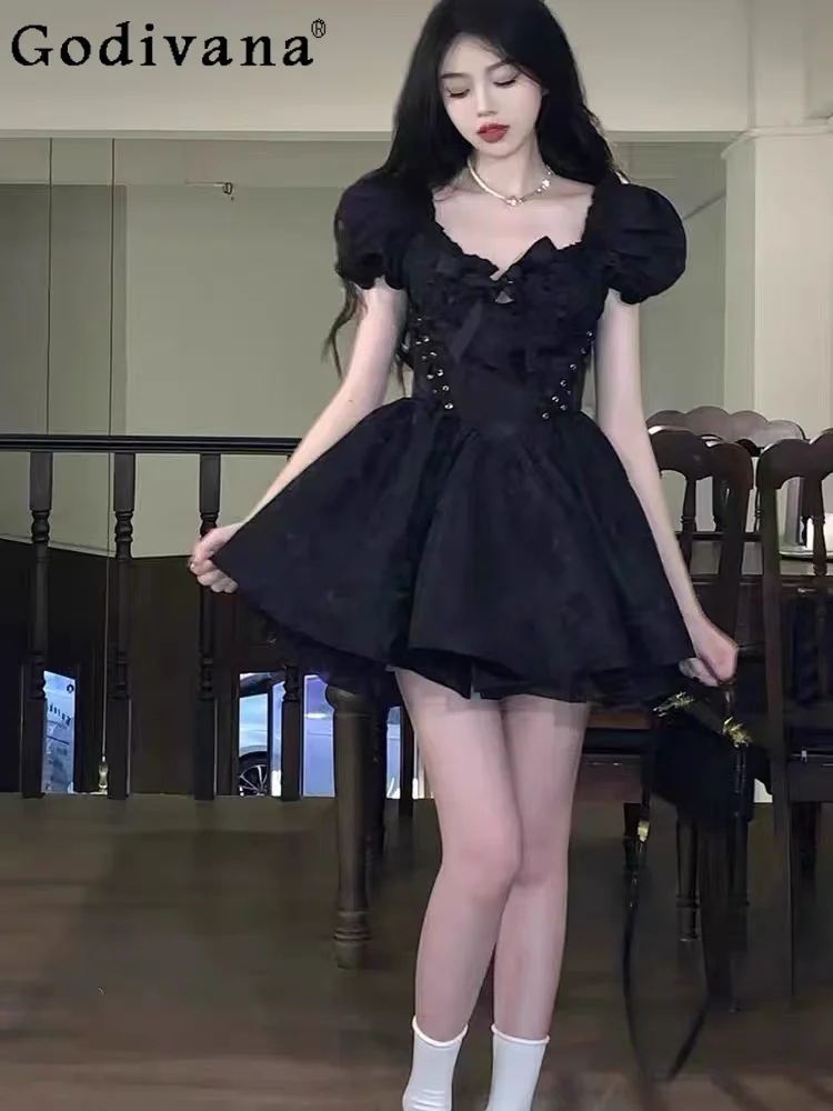 

Temperament Halloween Black Sexy Summer Fashion Lace-Up Dress Female Sweet Puff Sleeve High Waist A-line Princess Cake Dresses