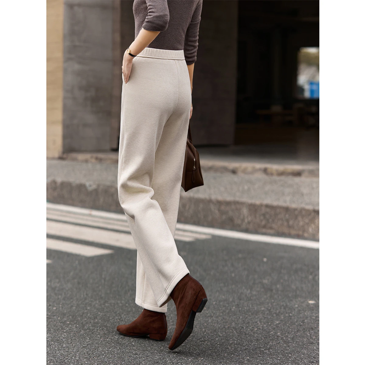 VIMLY Casual Trousers for Women 2025 Winter Fleece Lined Elastic Waist Straight Leg Long Sweatpants Warm Women Bottoms A3236