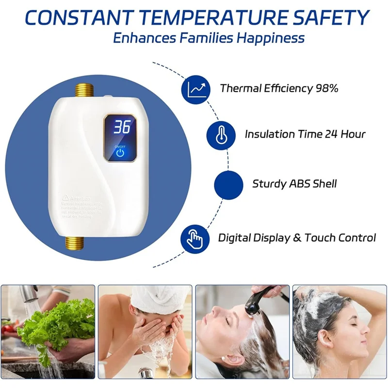 ABGG-US Sink Water Heater 3000W 110V Mini Fast Heating Electric Water Heater Digital Display For Kitchen And Bathroom US Plug