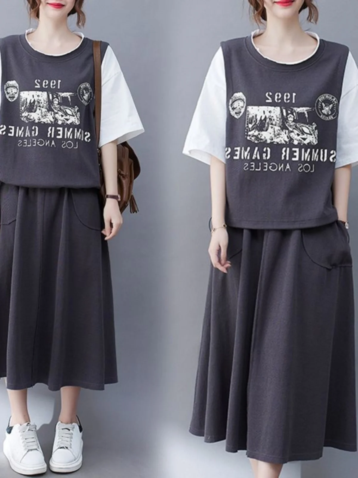 

Комплект: топ и юбка больших размеров, повседневный, летний, свободный крой, в стиле INS, с цветовыми блоками, юбка А-силуэта с высокой талией, свободный крой