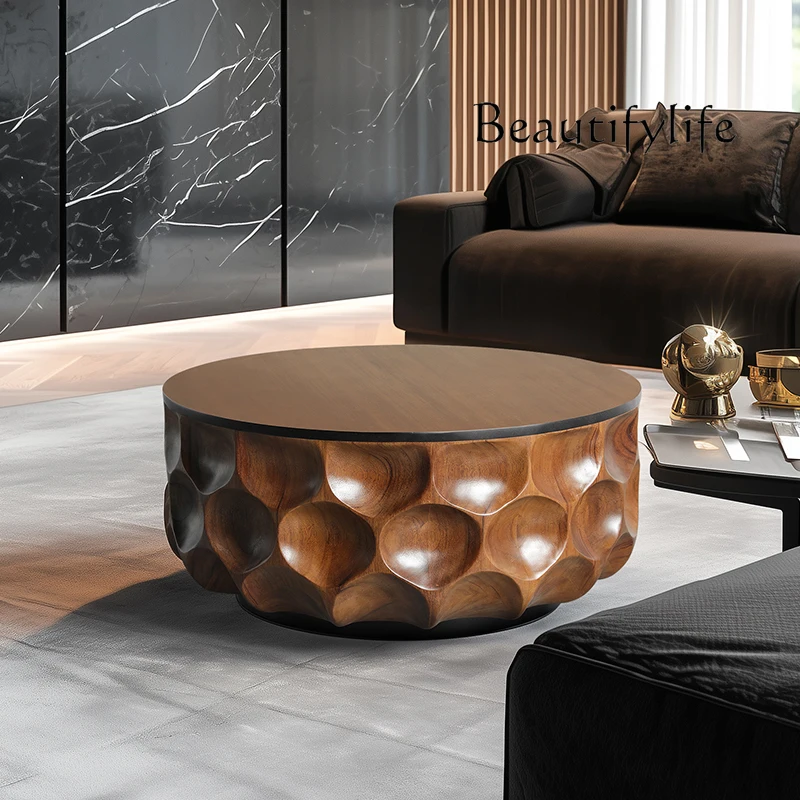 

Medieval art coffee table light luxury high-end coffee table round walnut creative solid wood low table