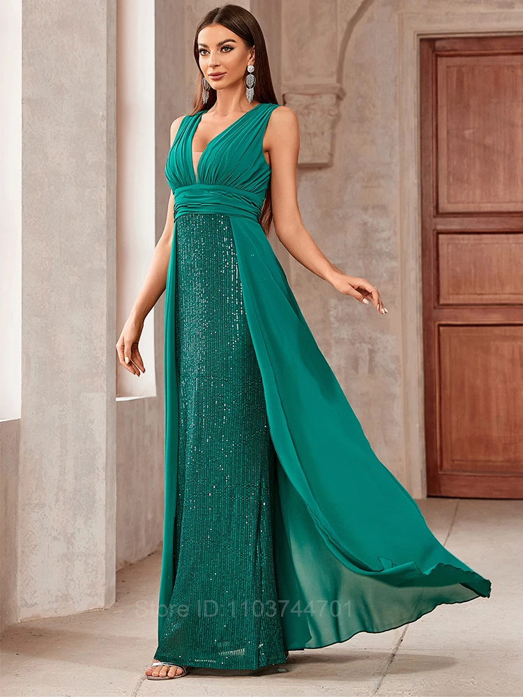 2024 Fashion Women Sleeveless V Neck Backless Green Sequined Elegant Evening Party Cocktail Prom Long Mermaid Dresses