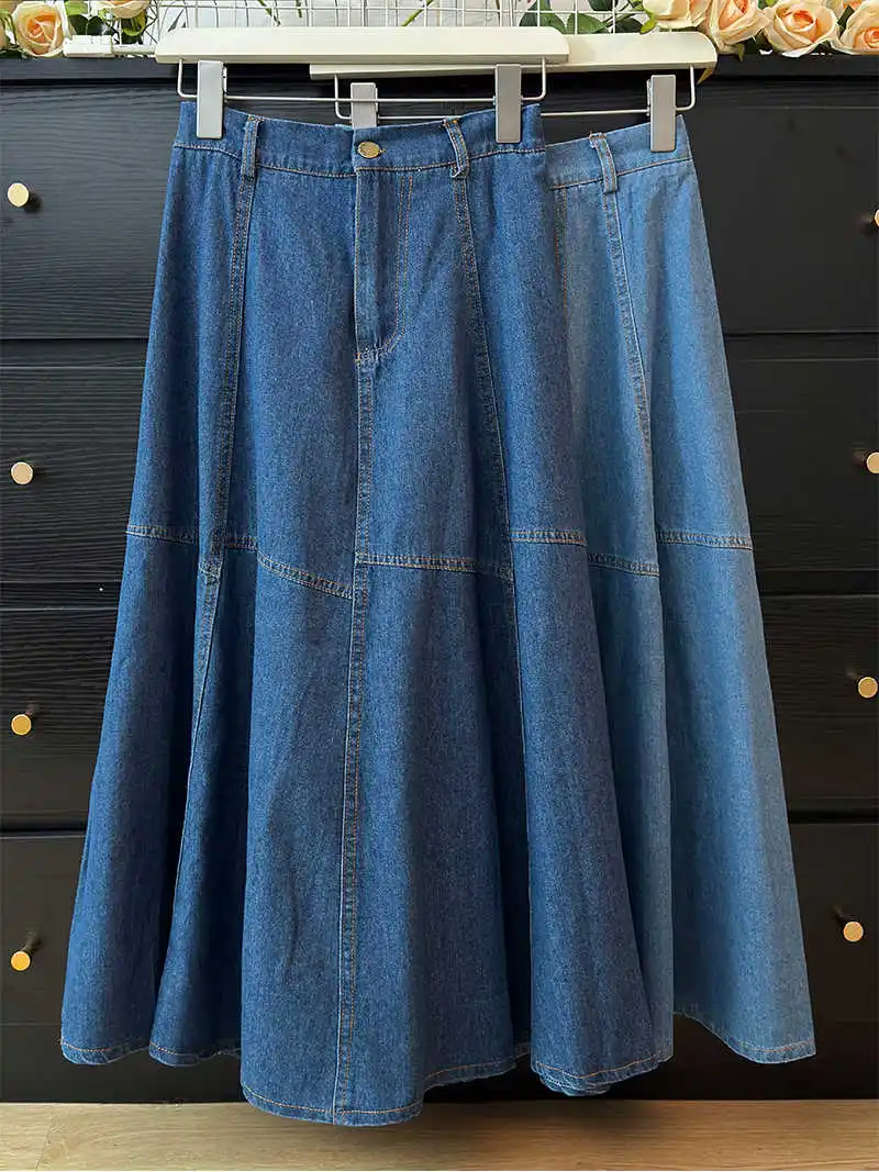 Light Blue Women\'s Long Denim Half Skirts Korean Temperament High Waist Slim A-Line Skirt Summer New Fashion Thin Midskirts
