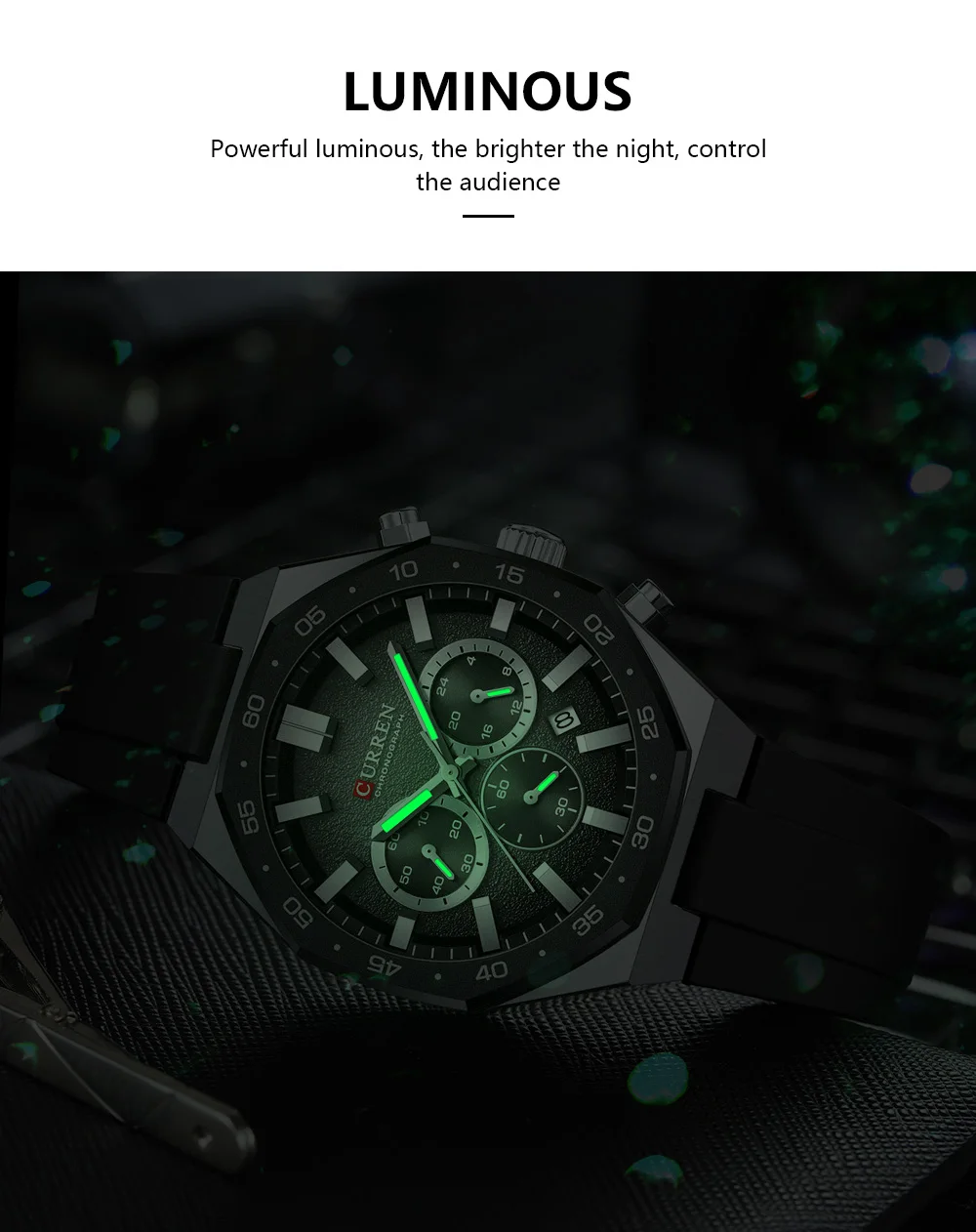 CURREN Herren Sport-Chronograph-Uhr mit Silikonarmband, Multifunktionszifferblatt mit Datum, Leuchtzeigern, Casual Quarz-Armbanduhr – Detail 6