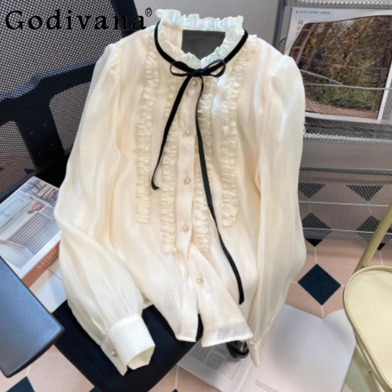 

Французская темпераментная ретро-рубашка с оборками на шнуровке и милым бантом, женская весенняя шикарная шифоновая универсальная блузка с воротником-стойкой, топ