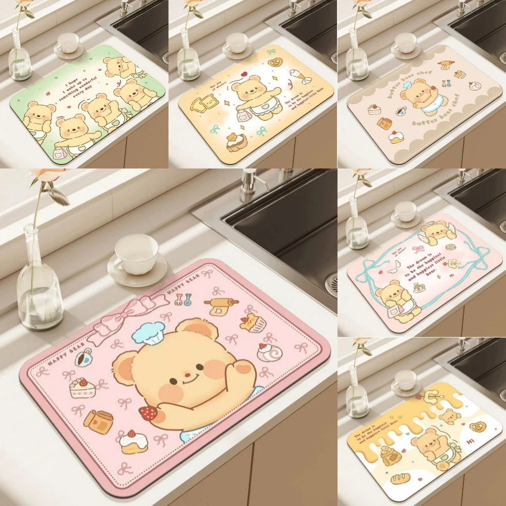 Kawaii Butter Bär Design Kieselgur Gummi Küchenmatte Saugfähige rutschfeste Geschirrtrocknungsunterlage für Kaffeemaschine Teetasse Home Decor