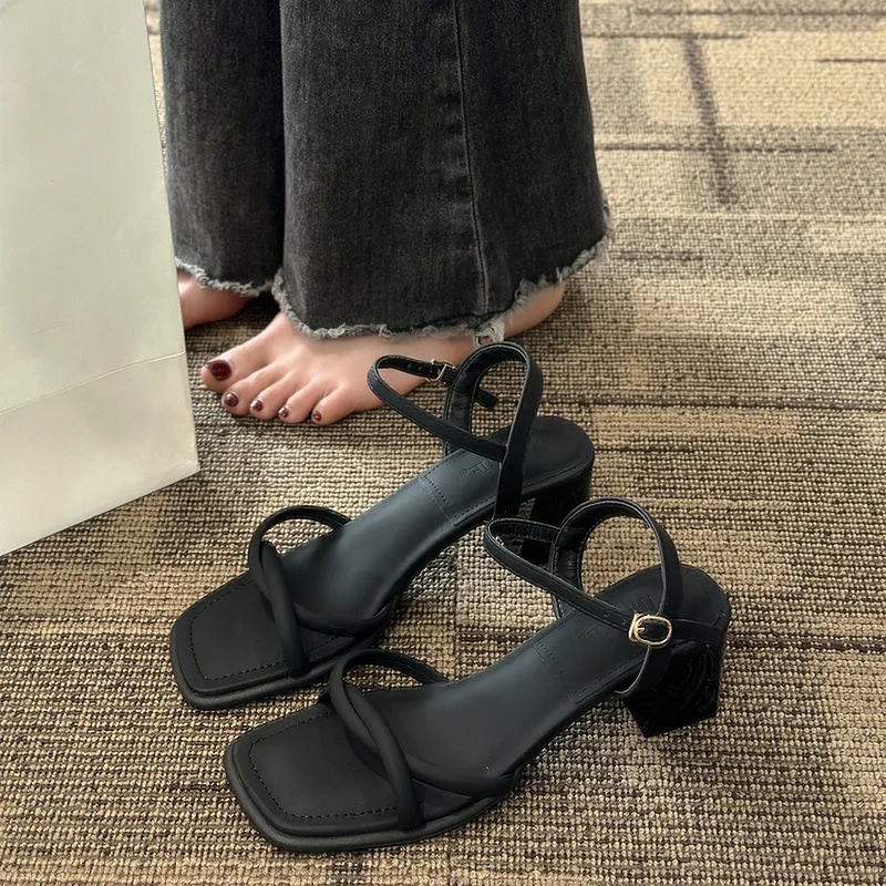 Sandały, 2024 Summer New Fashion Gentle Retro Chunky Non-slip Sandals, linia z 5 cm wysokimi obcasami Letnie sandały plażowe