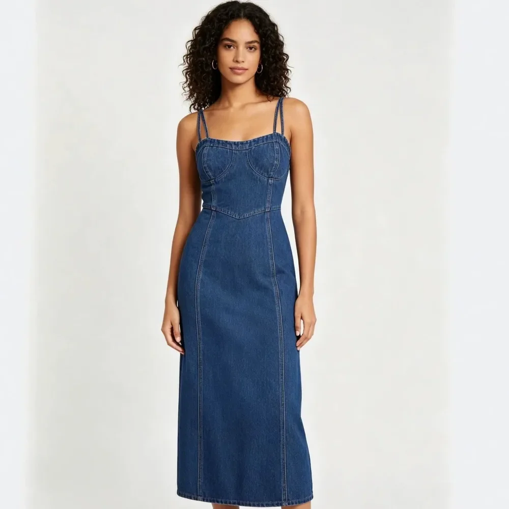 Women Spring Summer New Denim Cami Dress, Korean Style Thin Washed Denim Spaghetti Strap Casual Sleeveless Dress