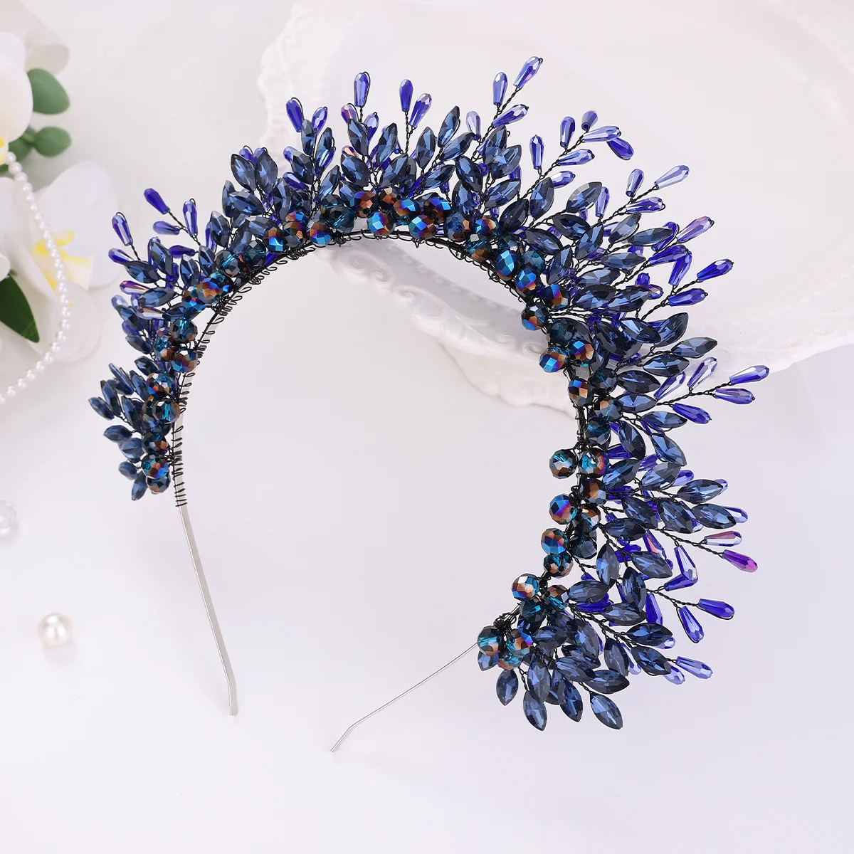 Deep Blue Crystal Rhinestone Bridal Headbands Handmade Baroque Hairbands For Halloween Party Hair Accessories