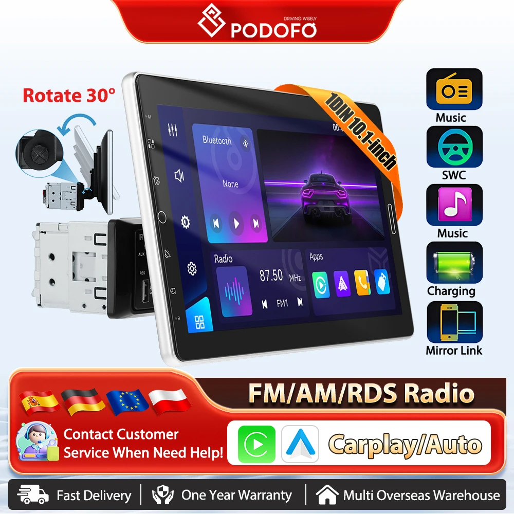 Podofo 10.1 "voiture stéréo écran rotatif simple Din autoradio support sans fil Carplay Android Auto FM/AM/RDS radio