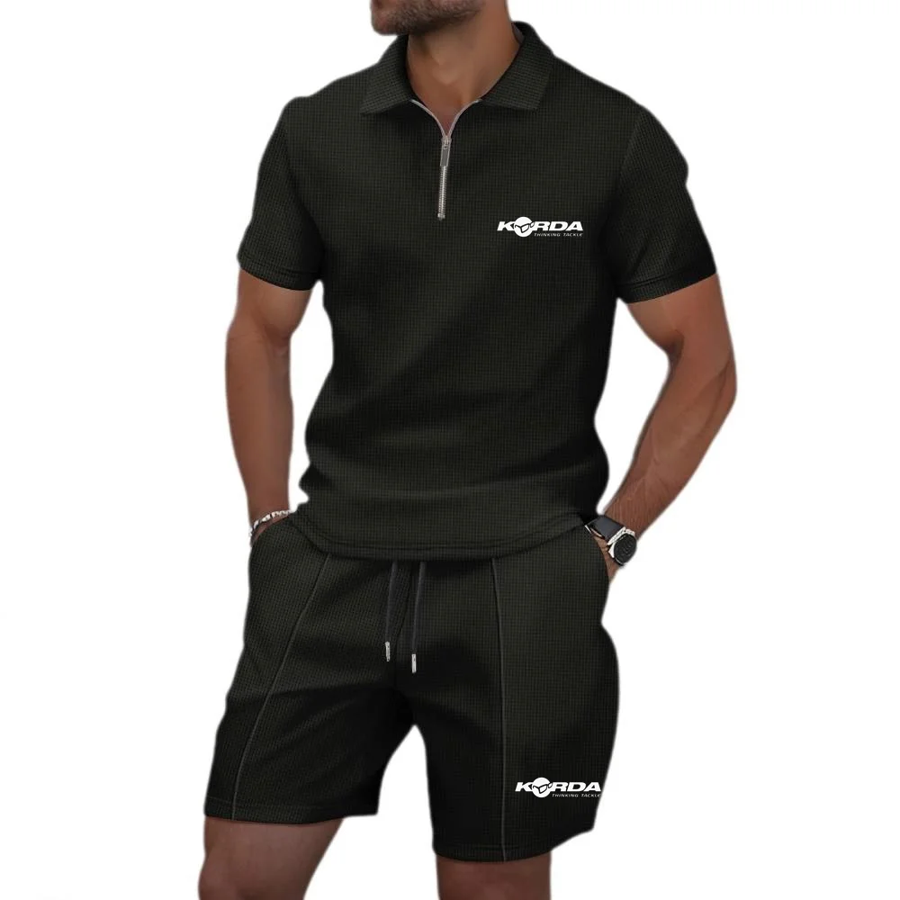 Korda Inspired Tribute Summer Polo Suit Waffle Short Sleeved Shirt & Shorts Sets Men's Lapel Golf Sportwear 2pcs Top for Casual