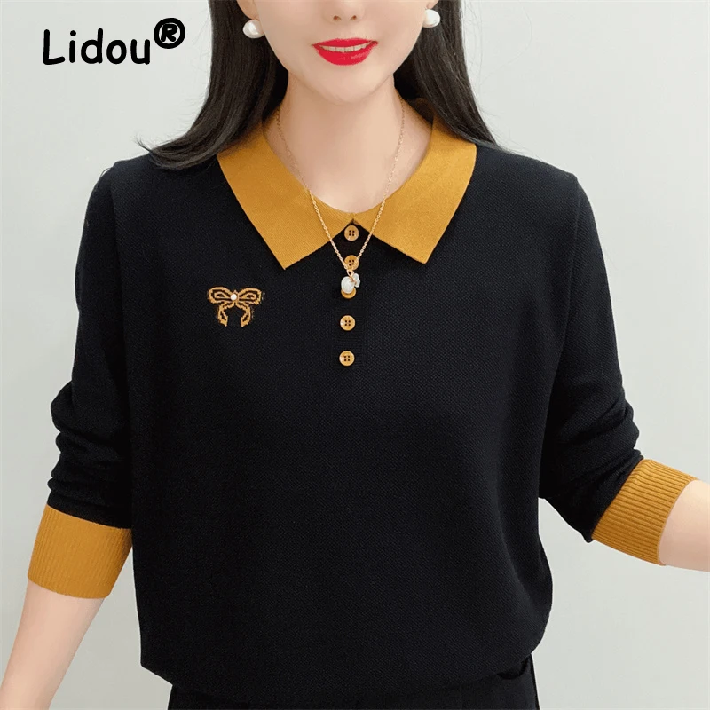 Women Korean Fashion Contrast Color Embroidery Beaded Chic Knitted Sweater Ladies Elegant Long Sleeve Loose Pullover Tops Jumper