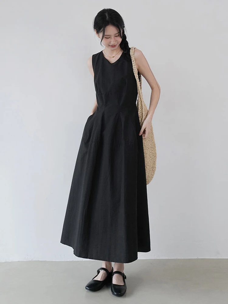 Simple Vintage White Dress Women Casual O Neck Sleeveless Retro Long Dress Korean Summer Female Pockets Loose Tanks Dress