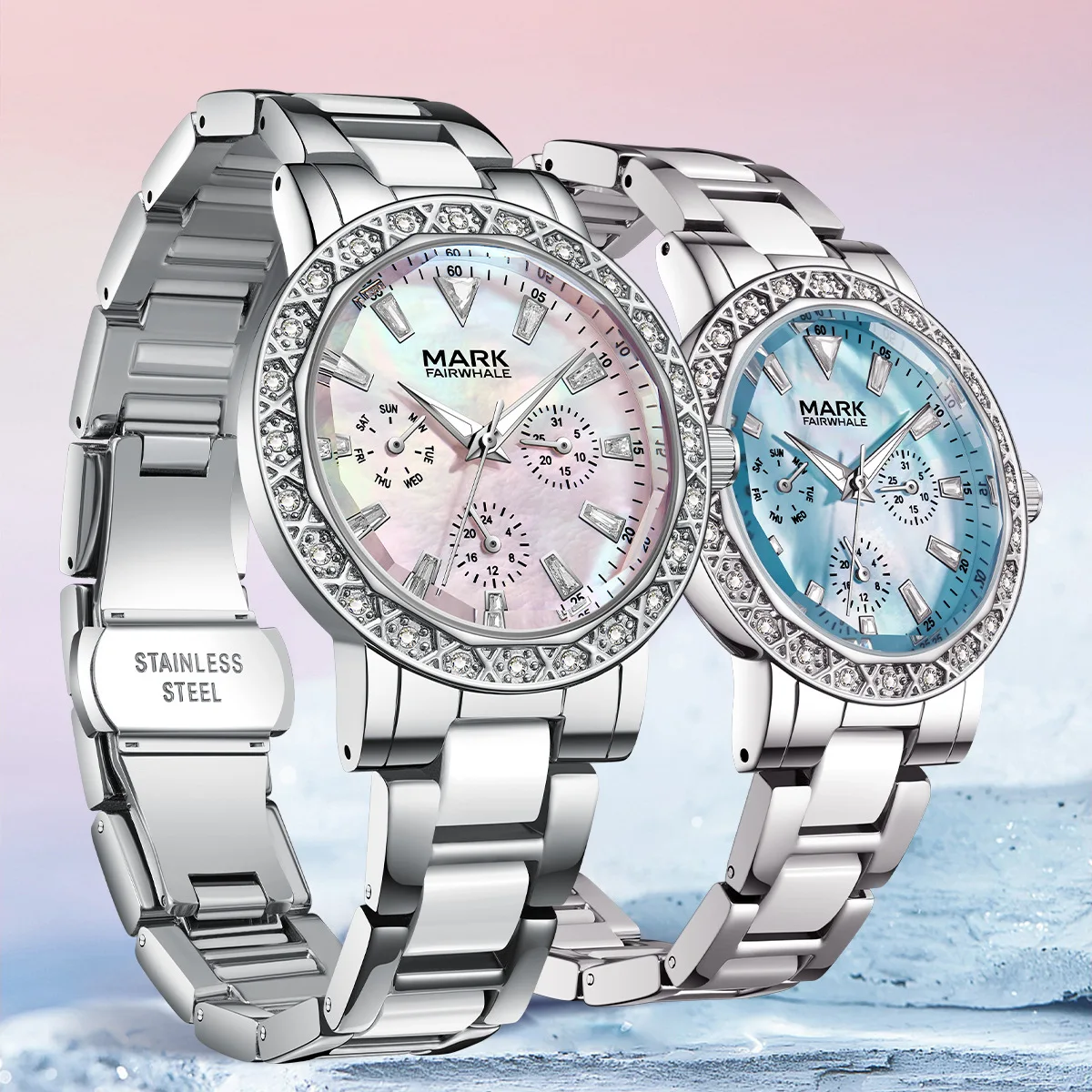 Mark Fairwhale Dress Pink Diamond Quartz Watch for Women Fashion Ceramic Chain Luxury Brilliant Beimu Ladies Wristwatch