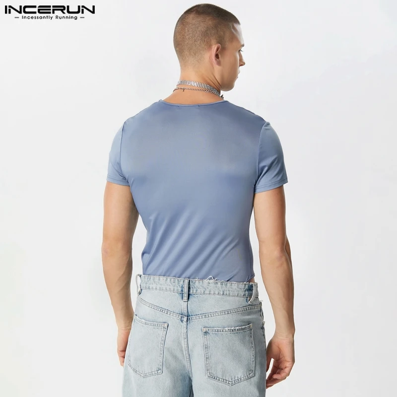 INCERUN 2023 seksowny styl nowe męskie kombinezony z krótkim rękawem solidne wygodne body modne trójkątne kombinezony z okrągłym dekoltem S-5XL