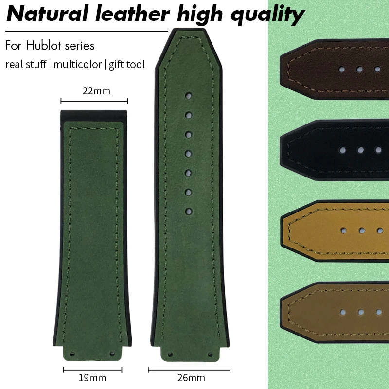 19mm x 26mm Cowhide Leather Rubber Silicone Watchband for Hublot Classic Fusion Big Bang Soft Nubuck Watch Strap Men