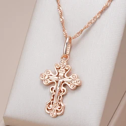 Kinel Luxury 585 Rose Gold Color Cross Pendant Necklace For Women Men Orthodox Church Jesus Glossy Charm Daily Fine Jewelry