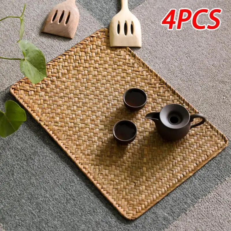 Natural Seagrass Place MatHand-Woven Rectangular Rattan Placemats Straw Tea Cup Mat Potholder Kitchen Tableware Accessories