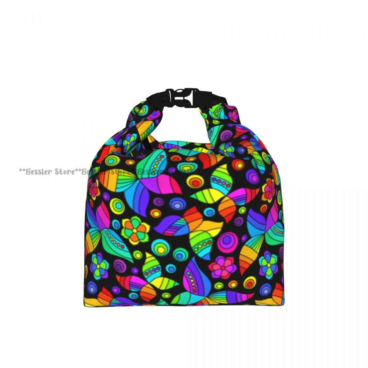 Foldable Roll-Top Thermal Lunch Bag Stained Glass Butterflies And Flowers Moths Insulation Lunch Box Carrier for Picnic Hiking