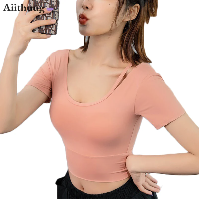 

Aiithuug Removable Padded U-back Shoulder Strap Yoga Tops Wide Elastic Hem Tight Fitting Short Sleeves Quick Drying Sport Tops